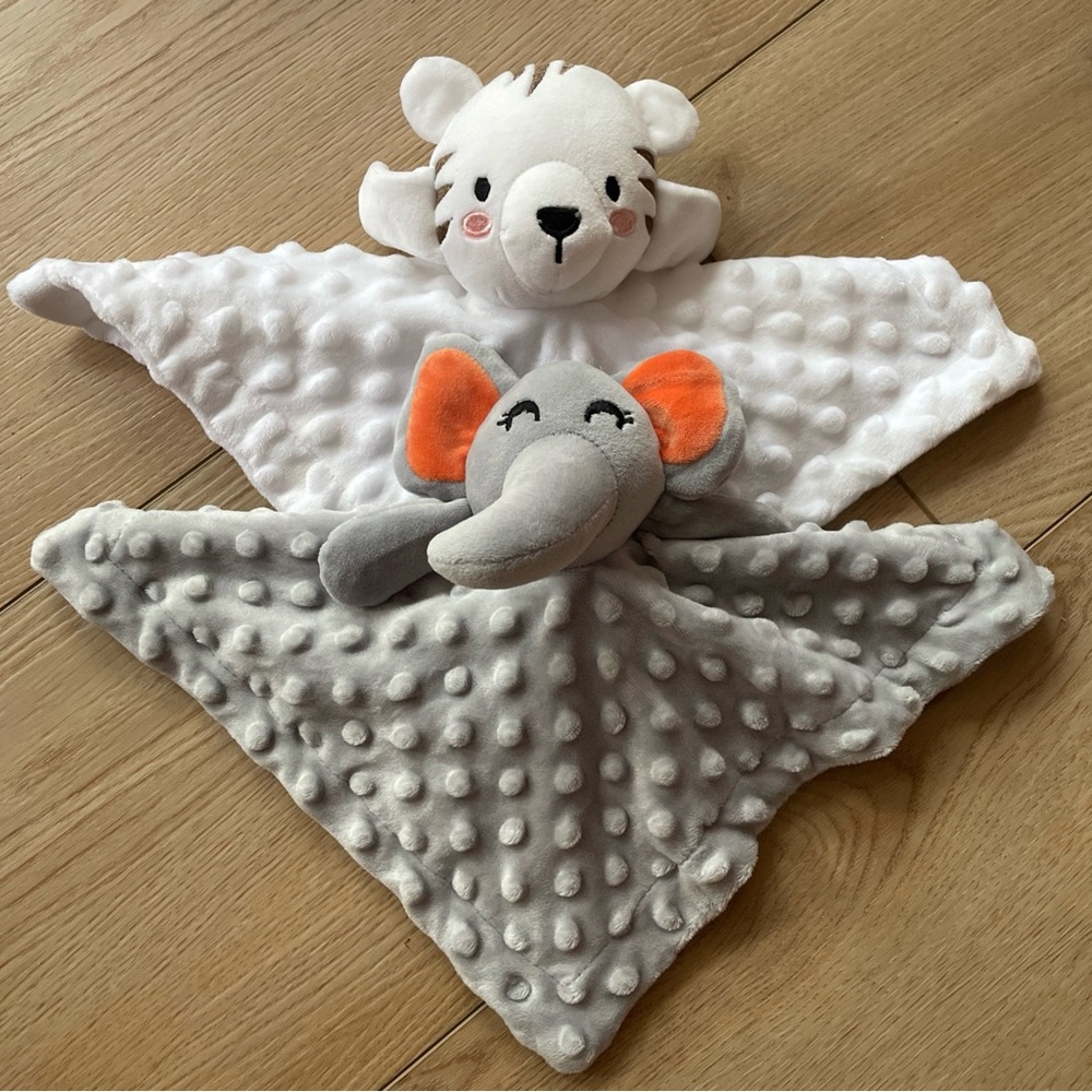 Grey Elephant and White Tiger Plush Lovey Set - Soft Comfort Blankets